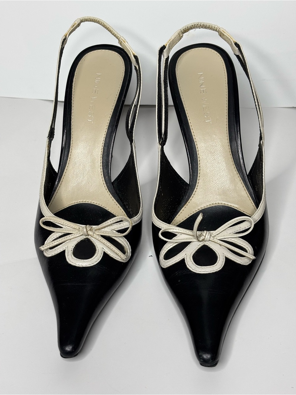 Nine West Black and Cream Pointed Slingback Pumps with Bow Accent